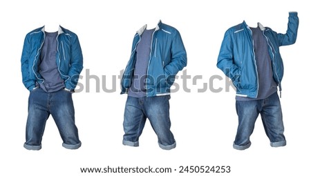Denim blue shorts,navy t-shirt and  blue white windbreaker jacket on a zipper isolated on white background .a set of three clothing objects