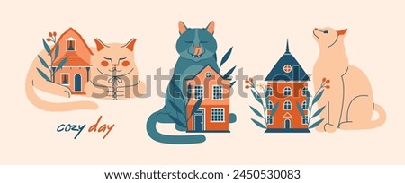 Set of cute clip arts with cats, who lying, sitting around cartoon houses with plants, leaves, berries. Illustrations with domestic pet, buildings. Sweet home concept. For stickers, cards, banners.