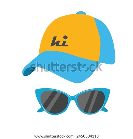 Baseball cap and sunglasses vector set. Hat and sunglasses clipart. Summer element. Cartoon flat vector isolated on white background.