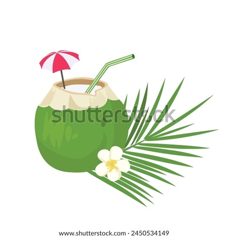 Coconut drink vector illustration. Coconut cocktail clip art. Hello summer vector. Summer element, summer drink. Cartoon flat vector isolated on white background.