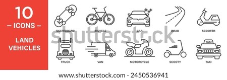 land vehicles related vector icon set includes skateboard, bicycle, car, road, scooter, truck, motorcycle, taxi and more icons