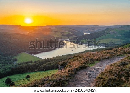 View of Ladybower Reservoir from Bamford Edge at sunset, Bamford, Peak District National Park, Derbyshire, England, United Kingdom, Europe Royalty-Free Stock Photo #2450540429