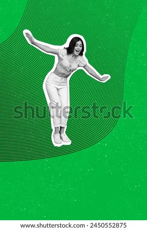 Contemporary design artwork collage of funky young woman illusion monochrome falling down into abyss isolated on green color background