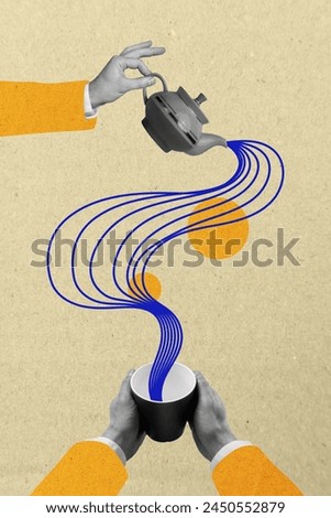 Creative drawing collage picture of hands hold cup teapot pour liquid water brew tea beverage weird freak bizarre unusual