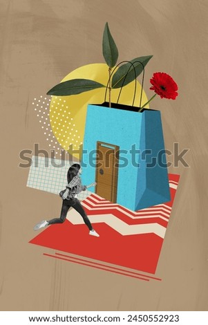 Vertical collage picture young running woman shopping bag store commerce door enter fresh flower environment sales drawing background