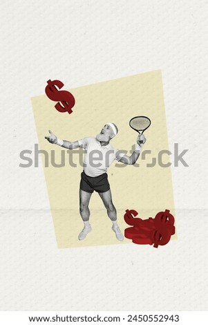 Vertical collage picture elder man happy positive mood tennis player hit dollar sign money income finance sign drawing background