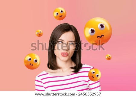 Creative picture collage young looking irritated woman disgusting opinion dislike emoticon face expression drawing background