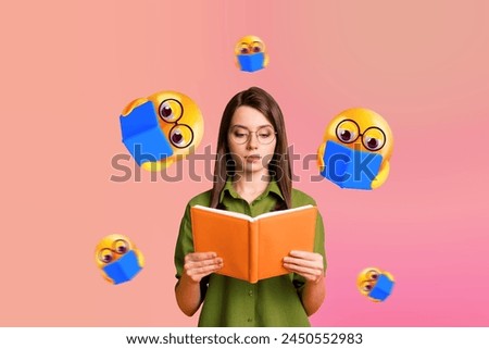 Creative collage picture young excited girl reading book literature nerd education emoticon face expression drawing background