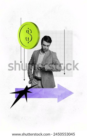 Vertical photo collage of serious businessman look time watch arrow down coin dollar inflation reduction isolated on painted background