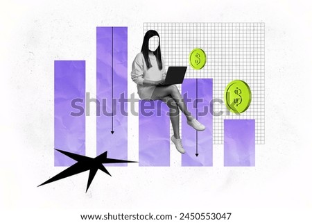 Composite photo collage of young girl without face type macbook device arrow down problem recession fall isolated on painted background Royalty-Free Stock Photo #2450553047