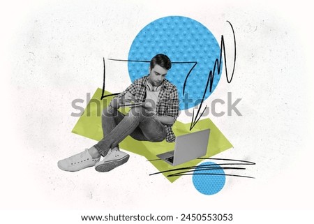 Composite photo collage of serious concentrated man look macbook device write pen notepad earphones freelance isolated on painted background