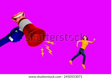 Trend artwork sketch image photo collage of young active lady run away suffer from huge hand hold loudspeaker bodyless mouth talk speak Royalty-Free Stock Photo #2450553071