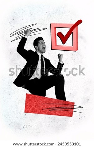 Vertical photo collage of happy excited young businessman jump promotion check mark agreement development isolated on painted background