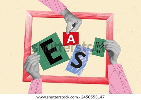 Collage picture of people showing cards word easy wooden frame business teamwork concept isolated on drawing background