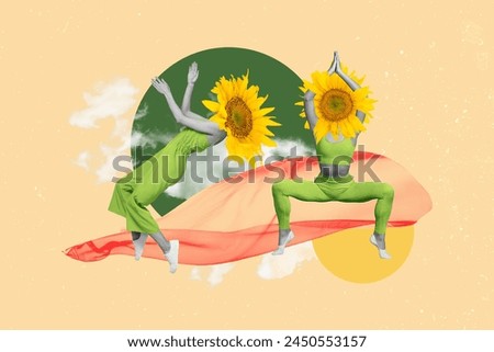 Collage picture of two female headless faceless body flowers instead head doing physical exercises isolated on drawing background