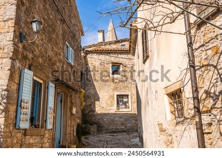 Time-worn stone houses and a narrow alley capture Grožnjan's medieval charm under the Istrian sun Royalty-Free Stock Photo #2450564931