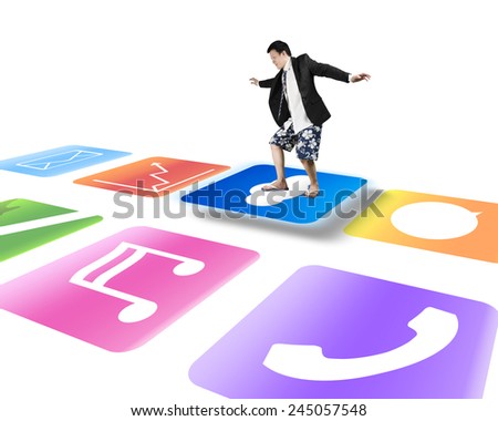 Man skiing on shiny cloud icon with colorful app buttons and white background