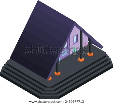 Isometric illustration of a grand house featuring elegant pillars and a charming purple roof.