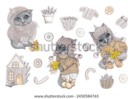 Cartoon cat in knitted warm clothes. Character with a briefcase and herbarium. Autumn tones. Isolated illustration of a schoolboy in mixed media on a white background. Large set for your design