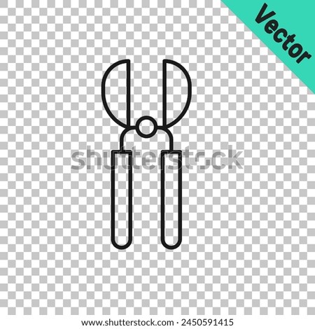 Black line Gardening handmade scissors for trimming icon isolated on transparent background. Pruning shears with wooden handles.  Vector