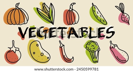 Colorful Doodle set Vegetables: pumpkin, corn, cucumber, potato, tomato, chili. Multicolored vector hand drawn illustration done in green, orange, red, yellow colors. Isolated on beige background