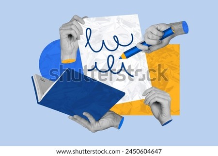 Creative photo collage picture human 3d hands body parts hold letter sheet drawing doodles story class homework copybook drawing background