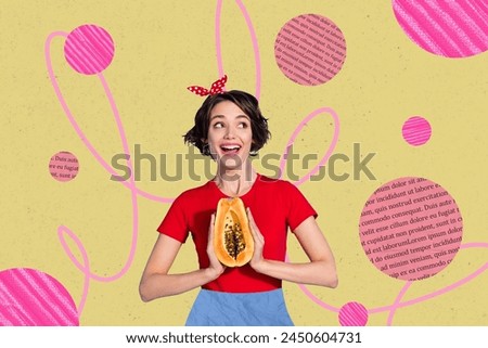 Creative collage picture happy positive joyful girl holding half exotic fruit cheerful positive mood literature text story