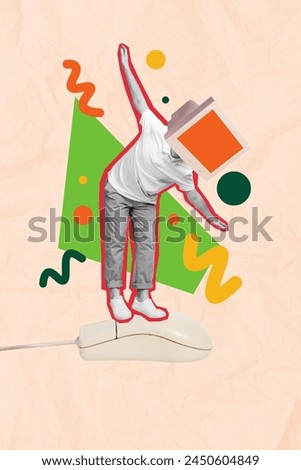 Vertical collage image of mini black white effect guy computer monitor instead head balancing big mouse isolated on beige paper background