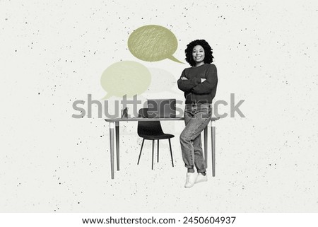 Composite photo collage of happy american girl stand workplace computer device text box communication deal isolated on painted background