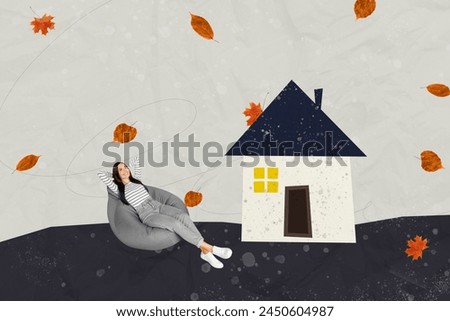Composite sketch trend 3D photo collage of young attractive lady sit in beanbag outside at house street autumn fall season day together