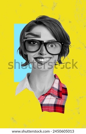 Vertical photo collage of crazy smile girl half face mental problem bipolar syndrome therapy disease isolated on painted background