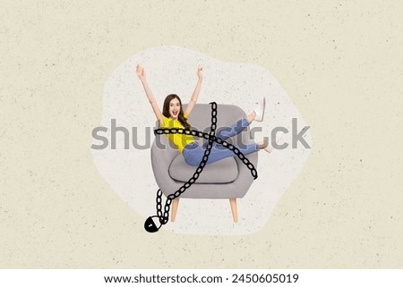 Sketch image composite trend 3D collage of silhouette young attractive happy lady posing sit in armchair raise hand closed chains
