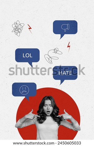 Vertical photo collage of astonished depressed girl point finger hate blame shame text box abuse bullying isolated on painted background