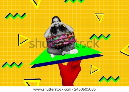 Photo collage picture young cheerful man hipster boombox party dj music stereo player psychedelic concept human arm checkered background