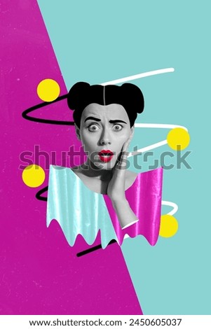 Vertical photo collage of astonished dissatisfied girl freak makeup hairstyle bun beauty salon procedure isolated on painted background