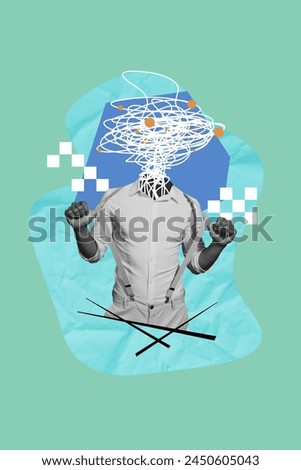 Vertical photo collage of headless guy wear shirt suspenders scribble mess chaos depression mental health isolated on painted background