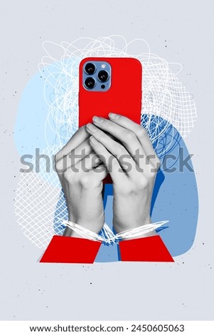 Composite collage picture image of hands hold device telephone handcuff prisoner addicted weird freak bizarre unusual fantasy