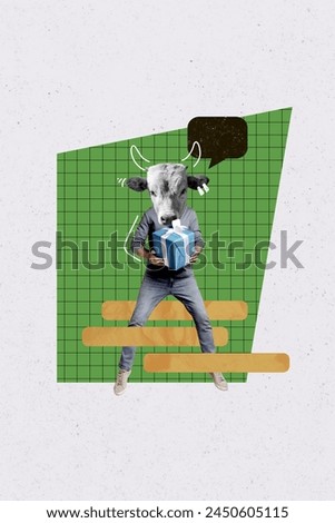 Composite trend artwork sketch photo collage of young incognito person man walk hold in hand birthday present headless cow head instead Royalty-Free Stock Photo #2450605115