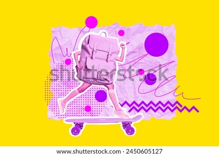Creative collage picture young small pupil schoolgirl running skateboard rider backpack instead body caricature knowledge day
