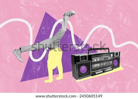 Creative collage picture young funky man dancer professional hobby hip hop performance boombox stereo player drawing background