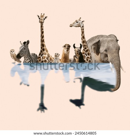 Double exposure of different wild animals and lake