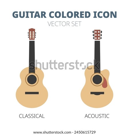 Simple guitar icon set. Classical guitar and acoustic guitar colored icons flat vector illustration isolated on white background. Vector design icon for studio web, app, branding
