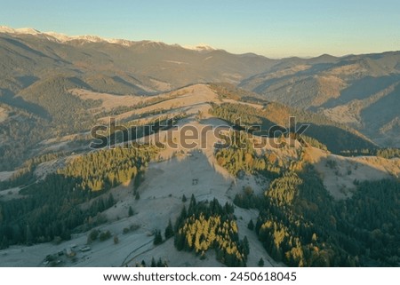 Beautiful landscape with forest in mountains on sunny day. Drone photography