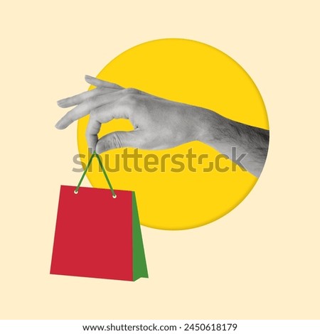Contemporary art collage of hands with package. Time for shopping. Copy space.
