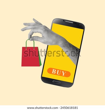 Contemporary art collage of hands with package and mobile phone. Online shopping or online sale. Concept of holiday shopping. Copy space for ad.