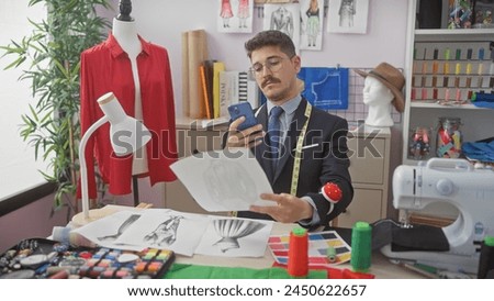 Hispanic man using smartphone in tailor shop among fashion designs, spools, sewing machine, and mannequin.