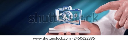 Pictures sharing concept above a smartphone held by a man
