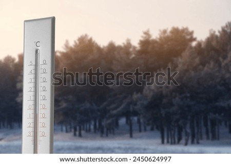 Thermometer showing temperature in snowy forest, winter weather