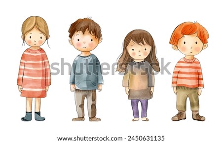 Set of watercolor children standing. Watercolor girl, boy. Cute babies