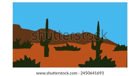 minimalist art desert canyon with Cactuses. landscape desert mountains silhouette , Vector nature horizontal background vector	